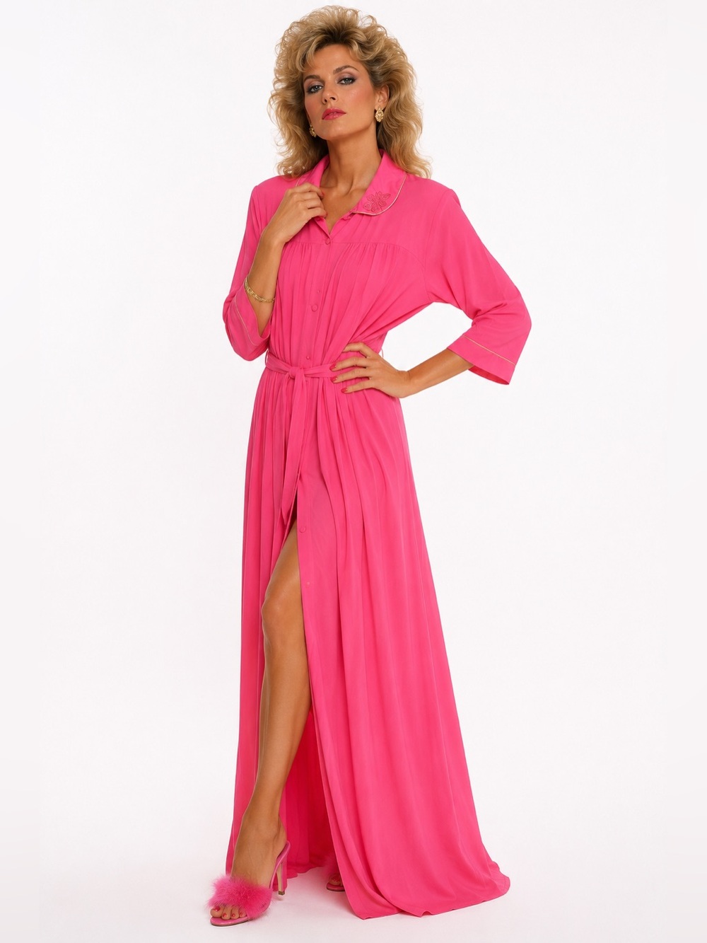 Lorraine Vintage 80s Hot Pink Nylon Hostess Gown Lounge Dress Embroidered Collar